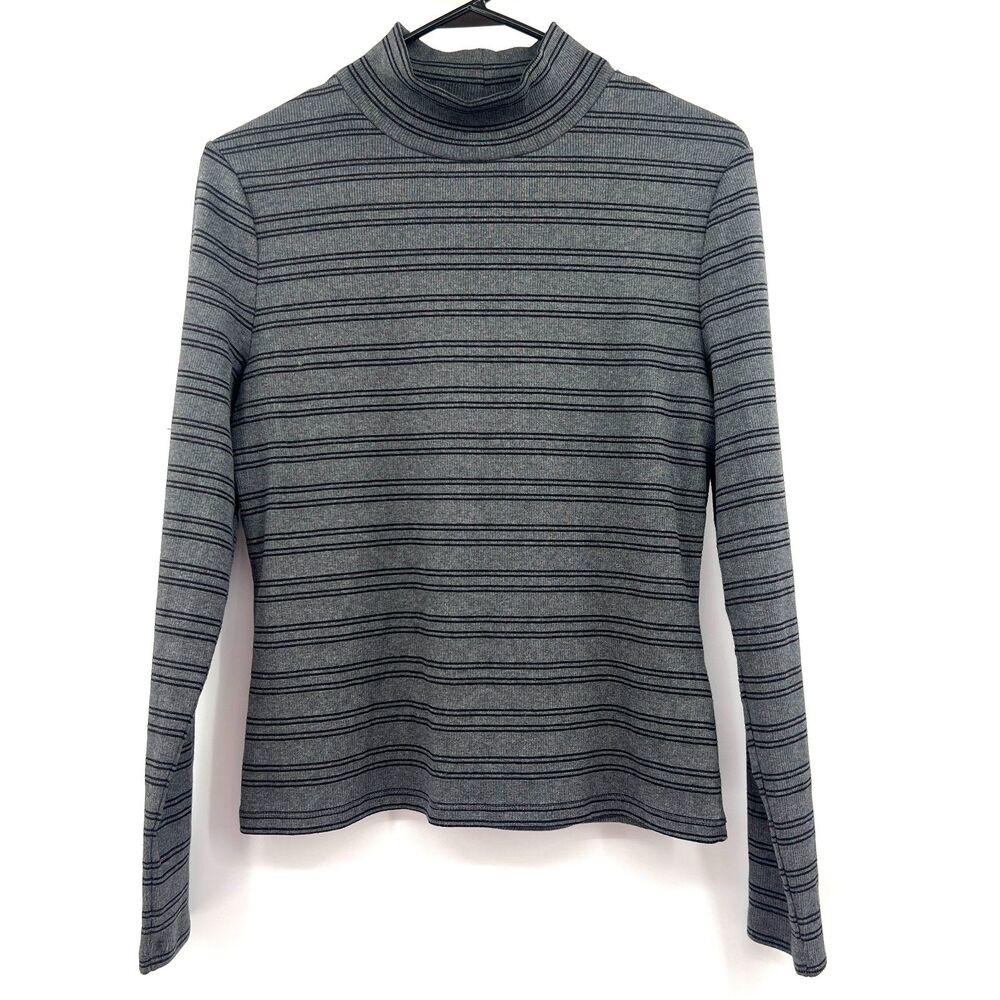 Veronica Beard Gray Black Striped Ribbed Mock Neck Long Sleeve Top Womens L